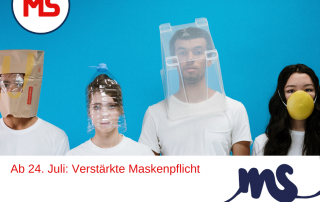 Menscchen mit Masken, Text: Ab 24. Juli verstärkte Maskenpflicht Foto: Canva