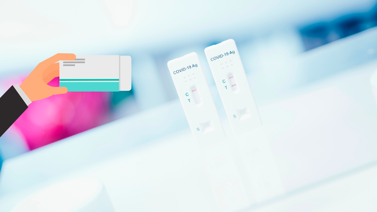 Illustration: Covid-19-Antigen-Schnelltest und Medikamentenschachtel, Credit: Canva